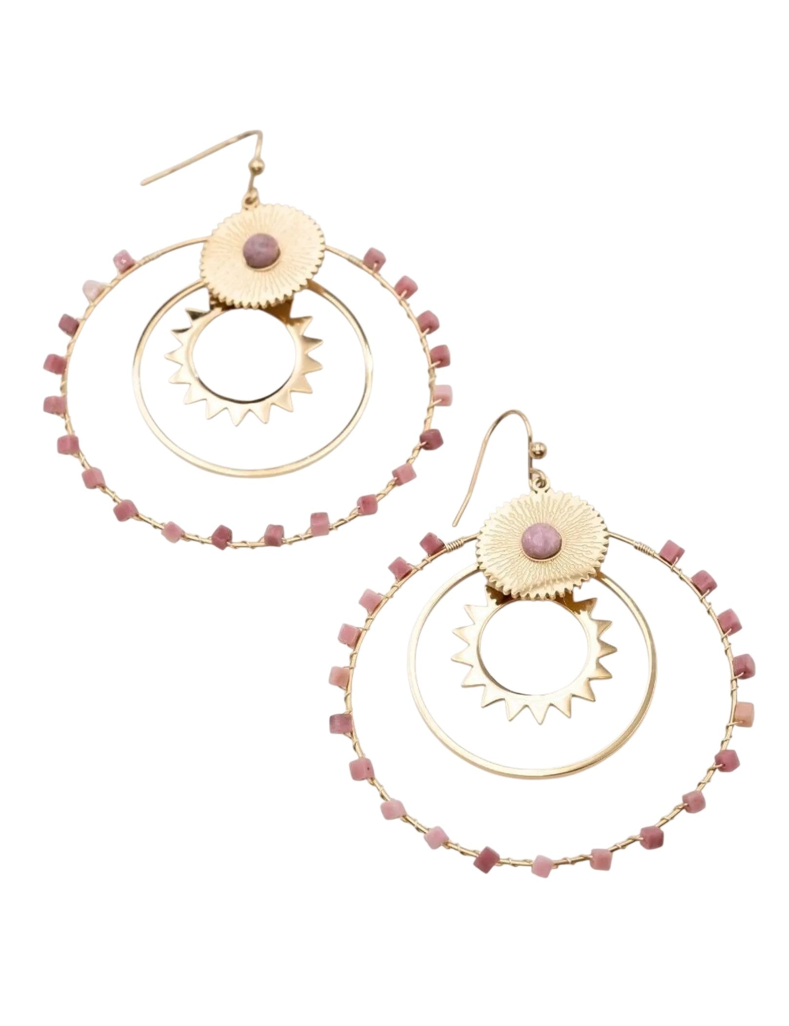 Boucles d'Oreilles Double Cercle Rhodonite & Soleil Doré