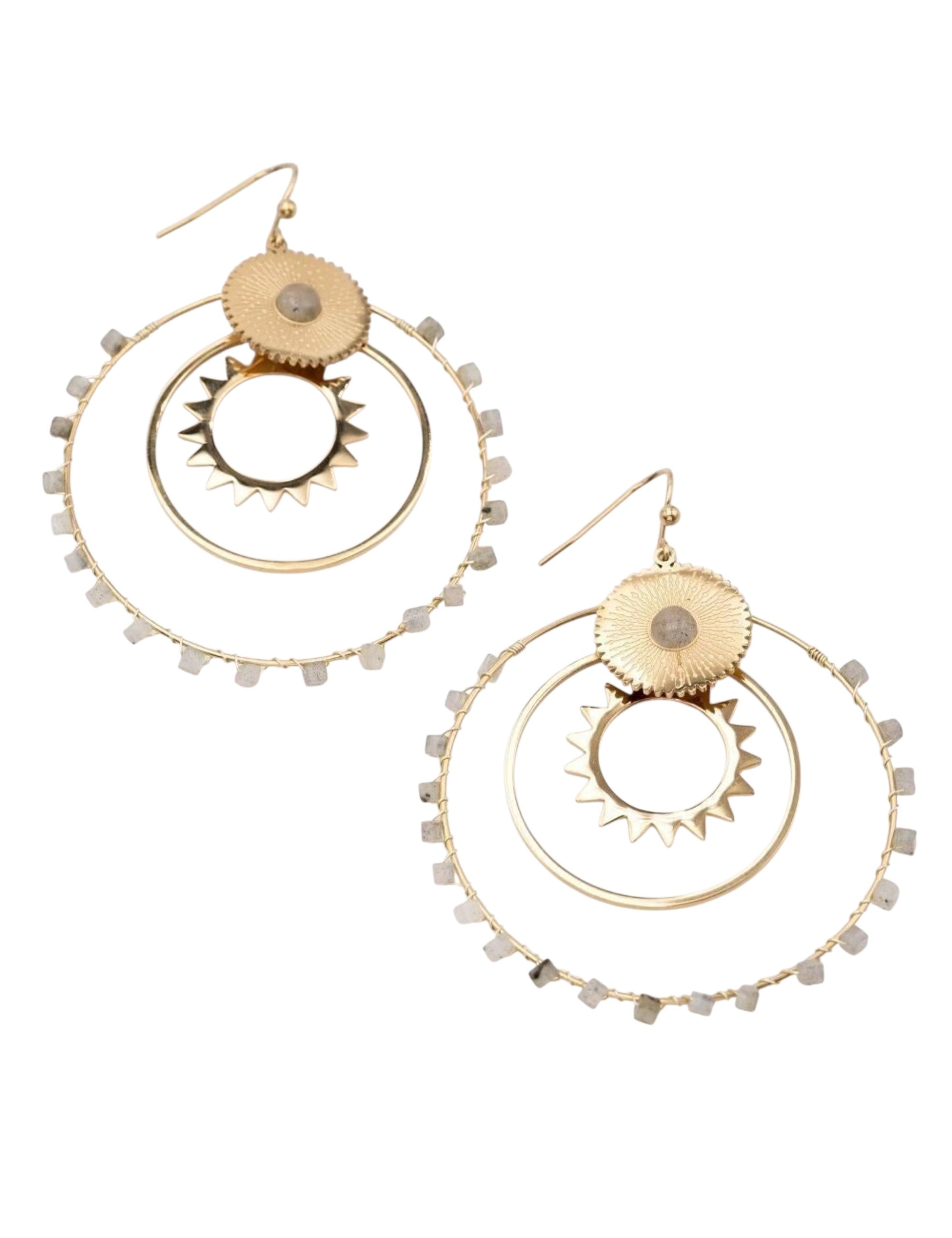 Boucles d'Oreilles Double Cercle Labradorite & Soleil Doré