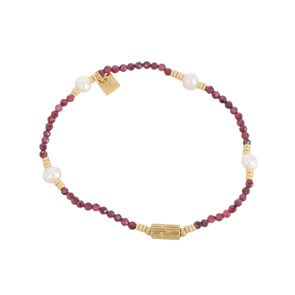 Bracelet Élastique Grenat & Perles d'Eau Douce Doré