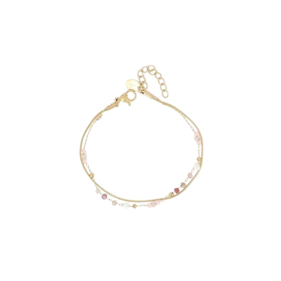 Bracelet Double Rang Tourmaline Rose & Chaîne Serpent Dorée